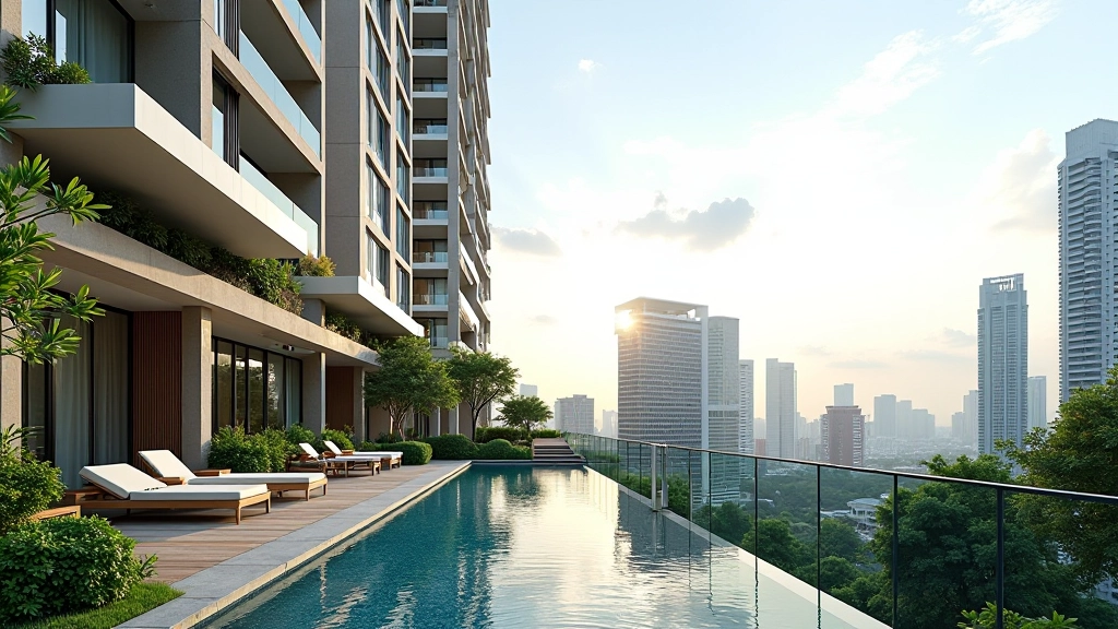 Luxury condo building exterior with modern architecture, pool area, and city views