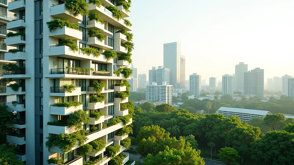 Modern residential apartment building facade with green balconies overlooking neighborhood park and trees