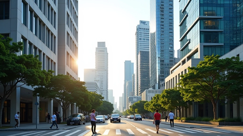Bustling Singapore business district with modern office towers and pedestrians during afternoon rush hour