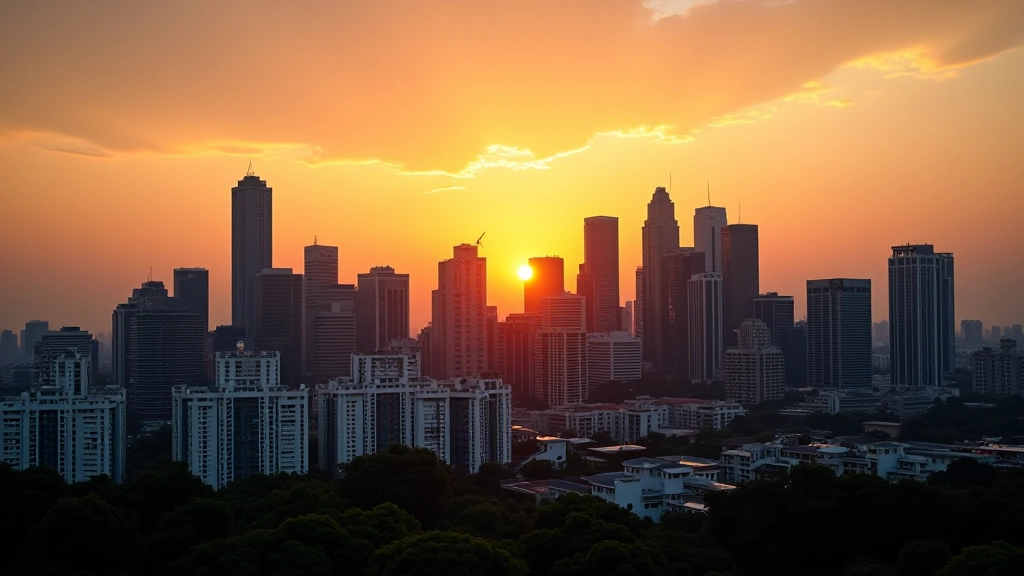 Singapore skyline with mixed residential and commercial buildings during golden hour sunset light