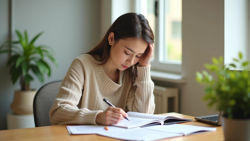 Tenant reviewing apartment lease agreement at home with notebook and highlighter